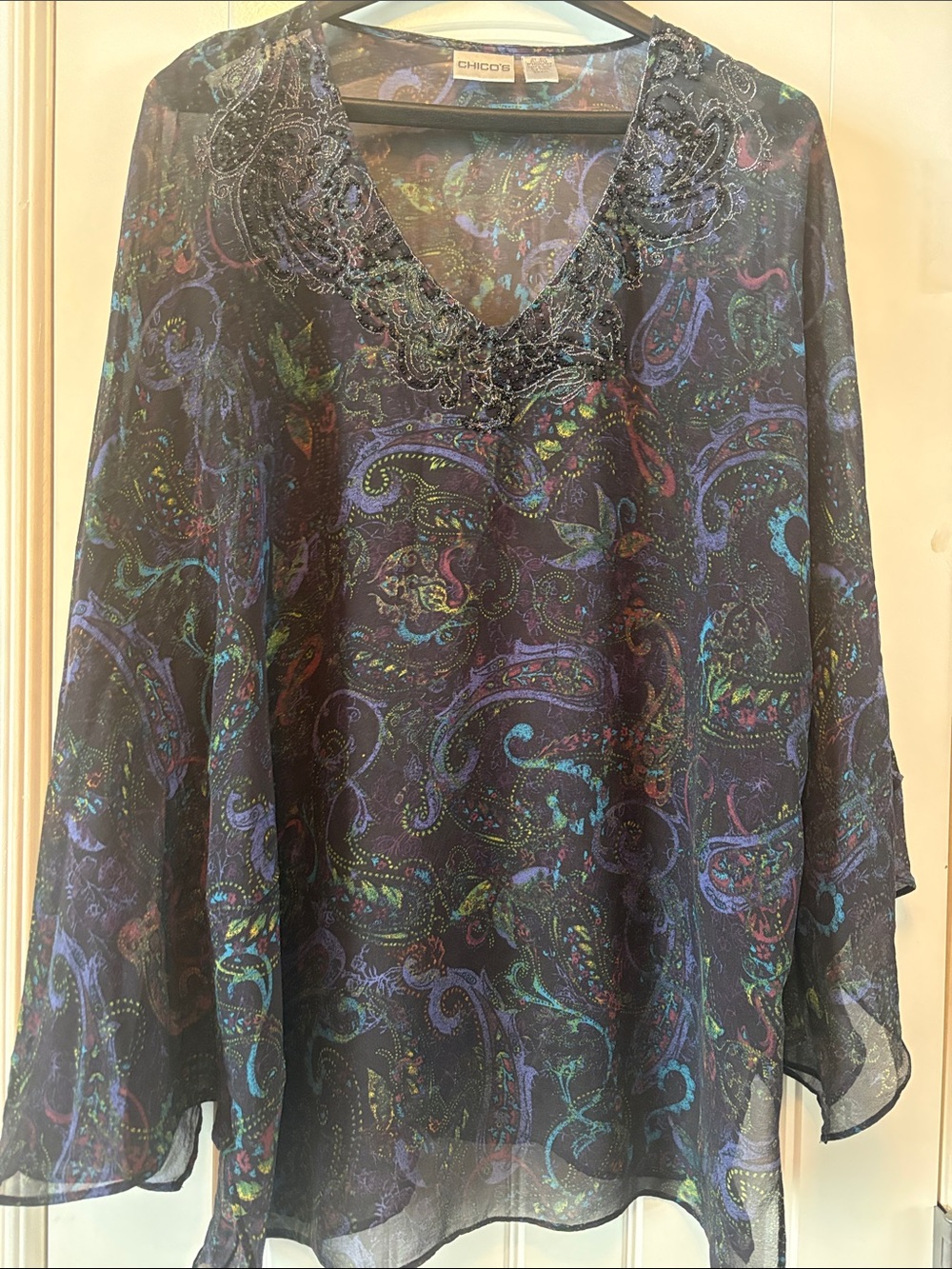 Chico's Black Sheer Paisley V-Neck Blouse with Multicolor Accents